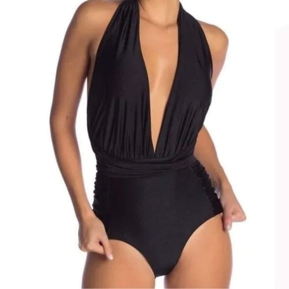 NWOT Nicole Miller Medium 6 Way Convertible Deep V Swimsuit Black 131920